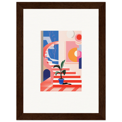 Framed abstract canvas print of geometric shapes and a potted plant for quantum gardens