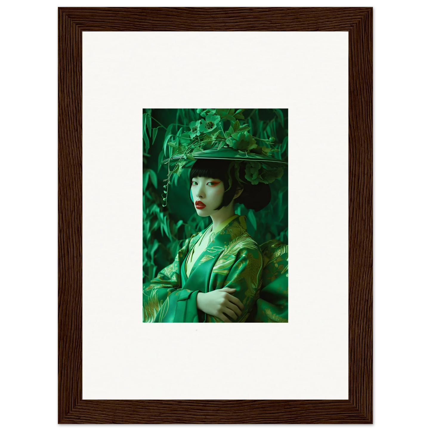 Framed portrait of a person in green attire for unique room decoration in Flora’s Whispering Spectacle