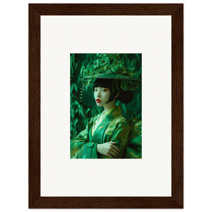 Framed portrait of a person in green attire for unique room decoration in Flora’s Whispering Spectacle