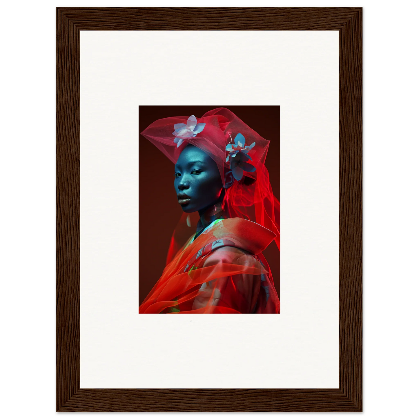 Framed canvas print of a blue-skinned figure in red for whimsical velvet botanicals decor