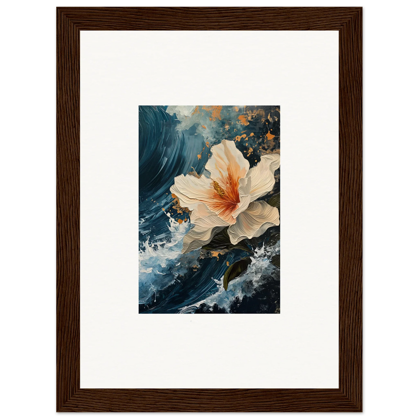 Framed canvas print of a pale orange hibiscus flower in petal waves for room decoration