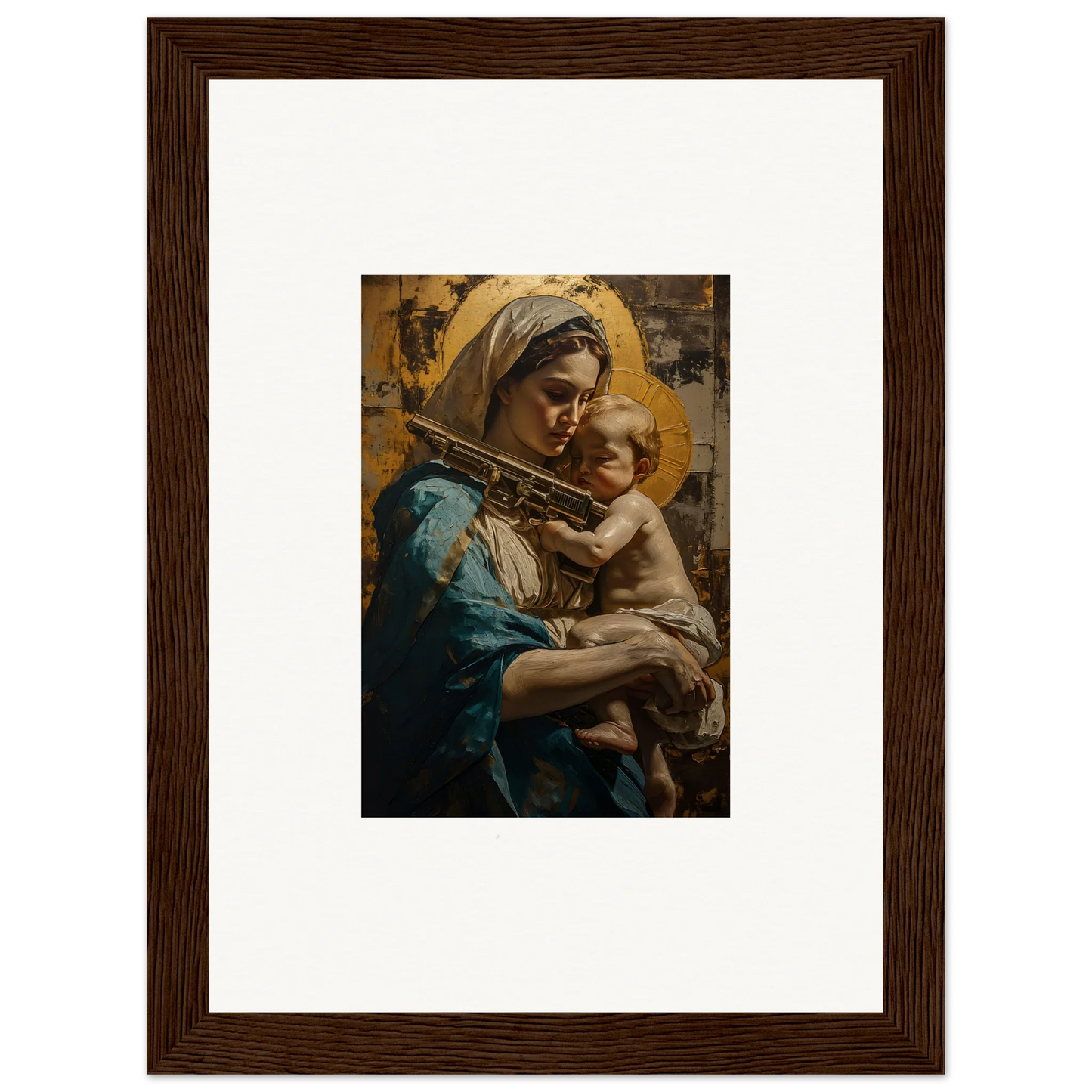 Framed canvas print of a woman in blue with a child, perfect for loving sentinence room decoration