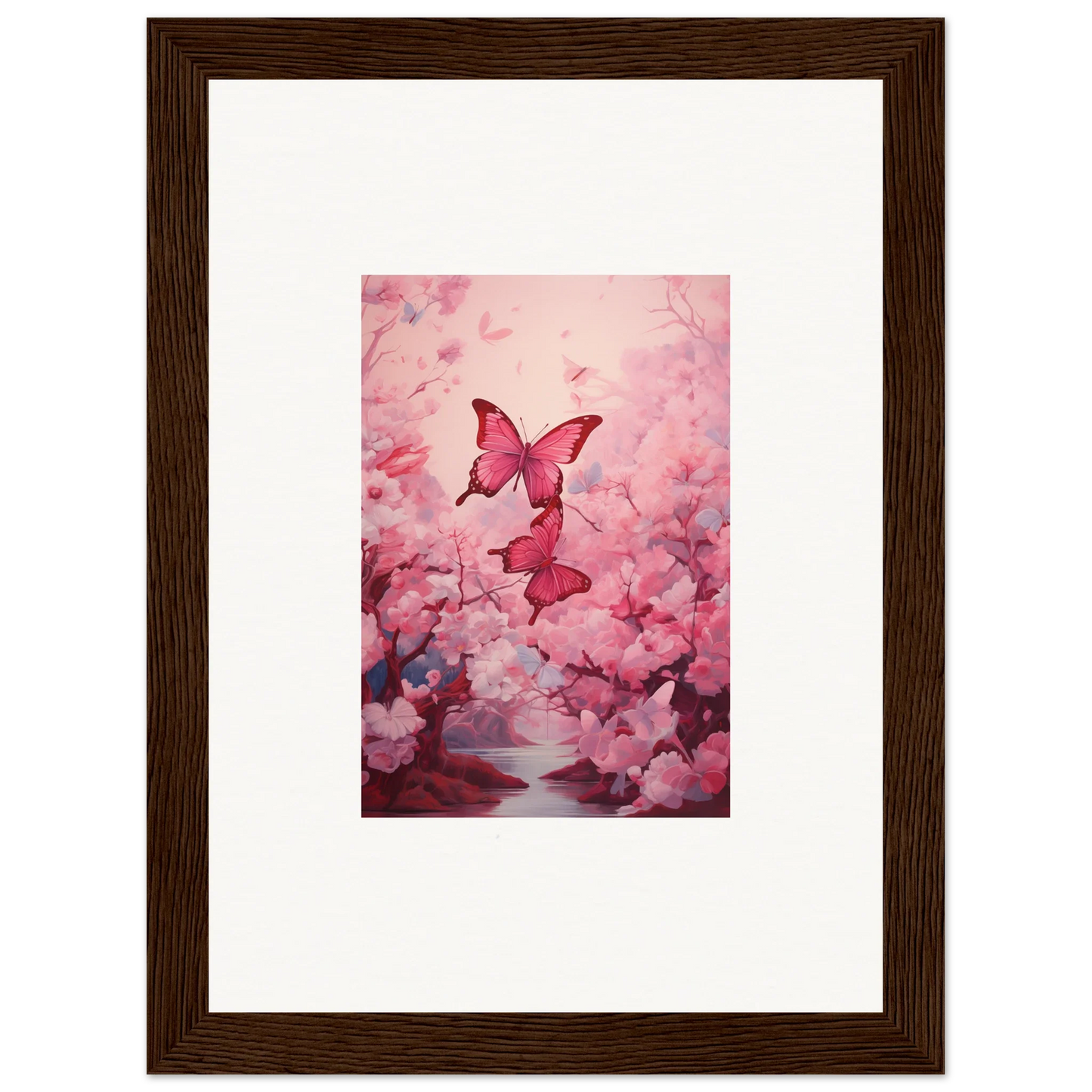 Framed canvas print of pink butterflies and cherry blossoms for spring euphoria room decoration