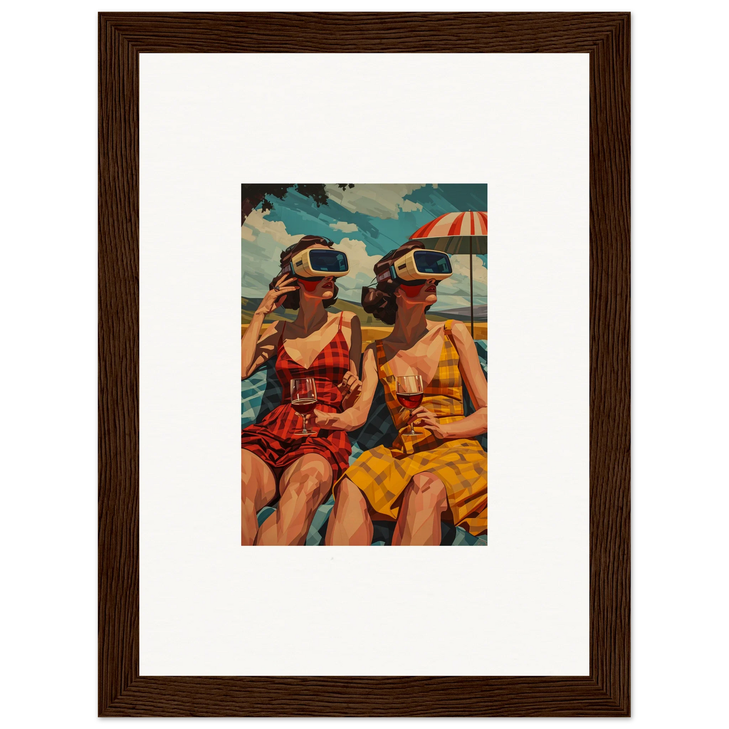 Framed canvas print of two women in swimsuits with VR headsets enjoying morning sunshine