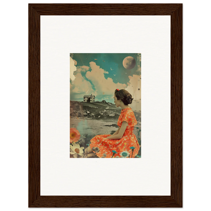 Vintage canvas print of a woman in an orange dress in a color reverie landscape