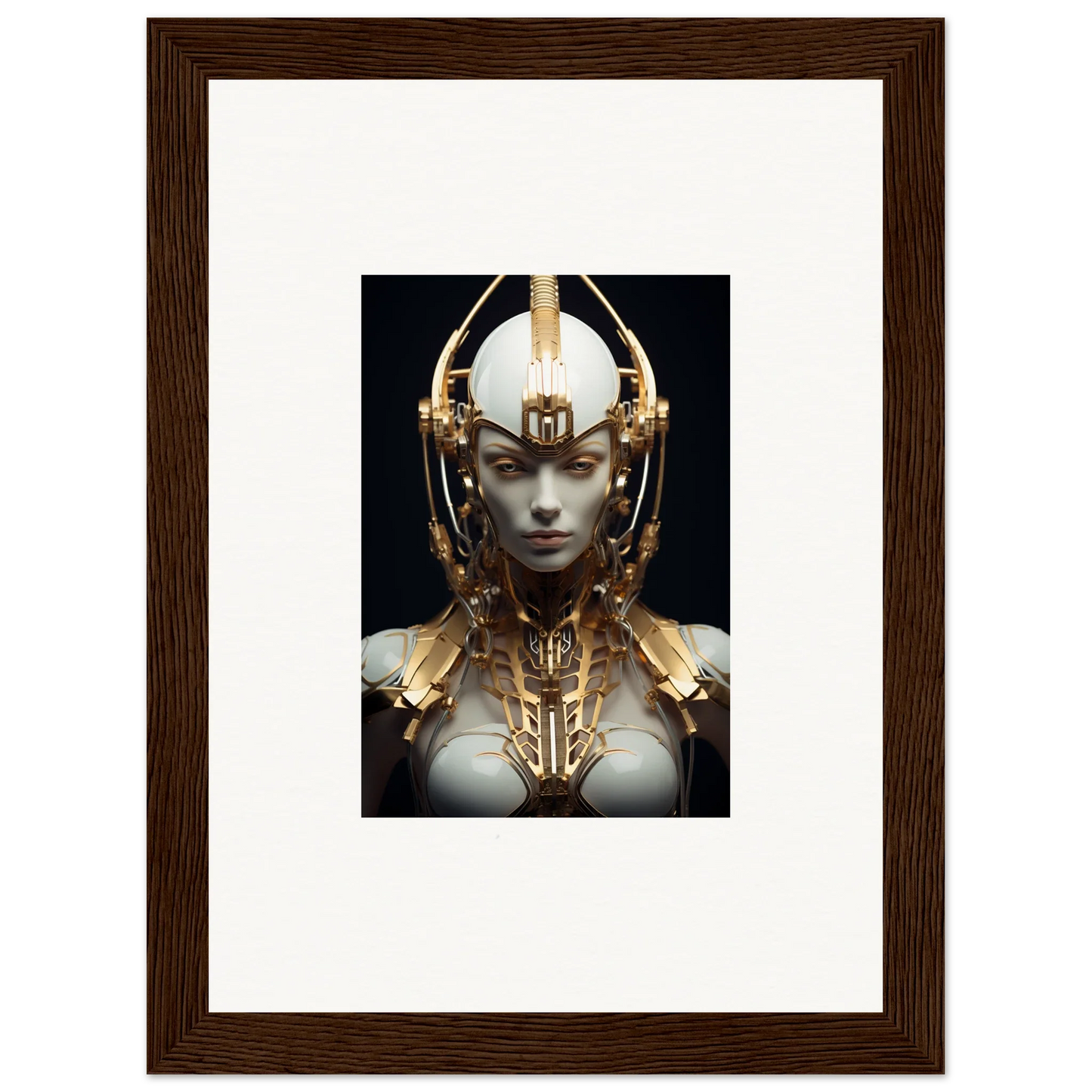 Futuristic cyborg with golden headpiece, perfect for celestial conductress canvas print