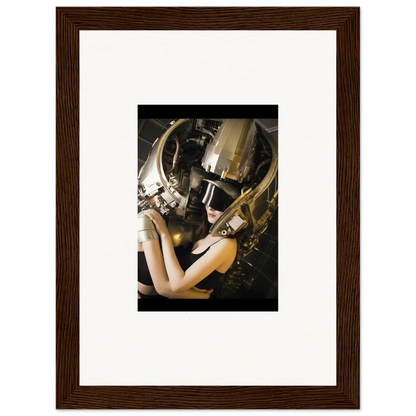 Framed photograph of a person in a stunning gold and silver helmet for wall art