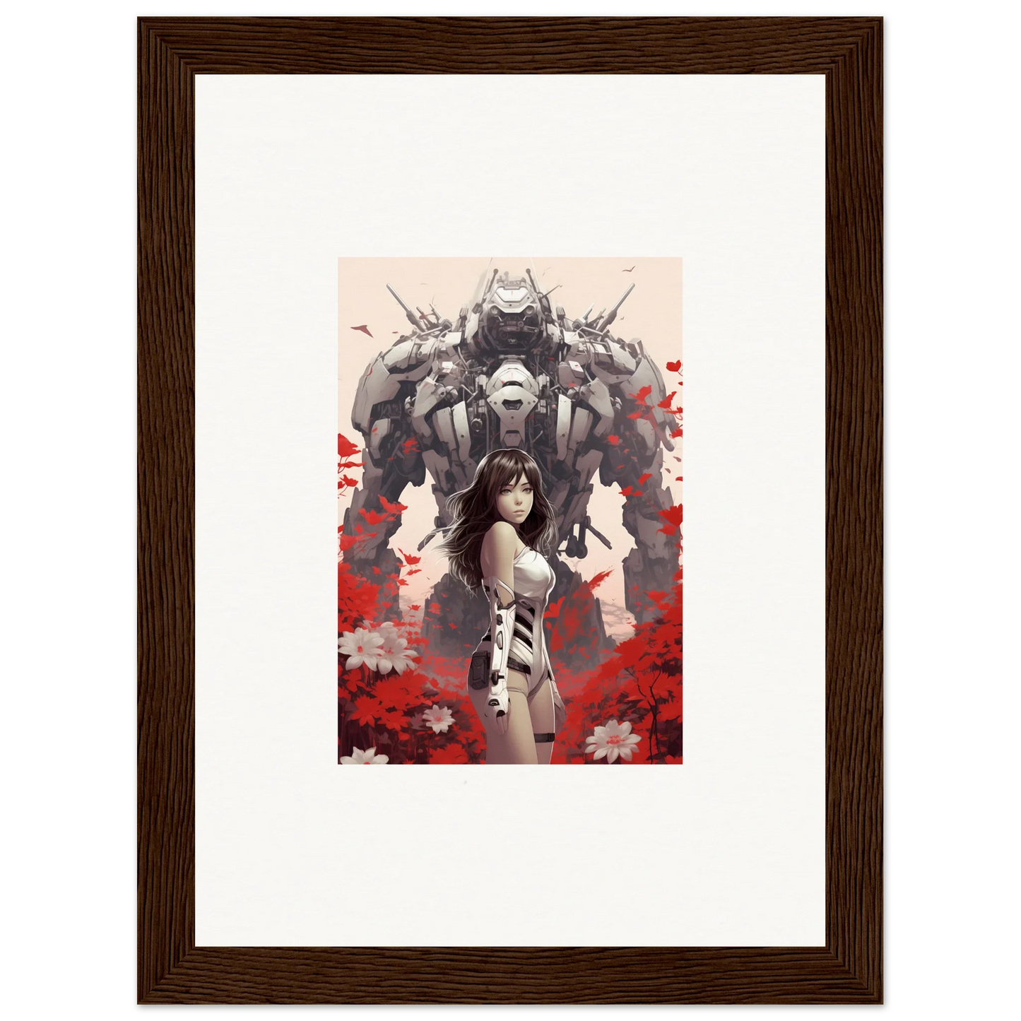 Framed canvas print of a woman with a robotic figure for poppy lucidity room decoration