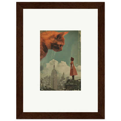 Framed surrealist wall art of a giant cat observing a tiny woman in a cityscape