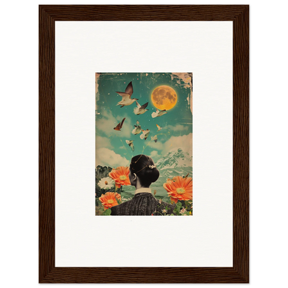 Framed canvas print of Lunar Bloom Reverie with a person facing butterflies and flowers