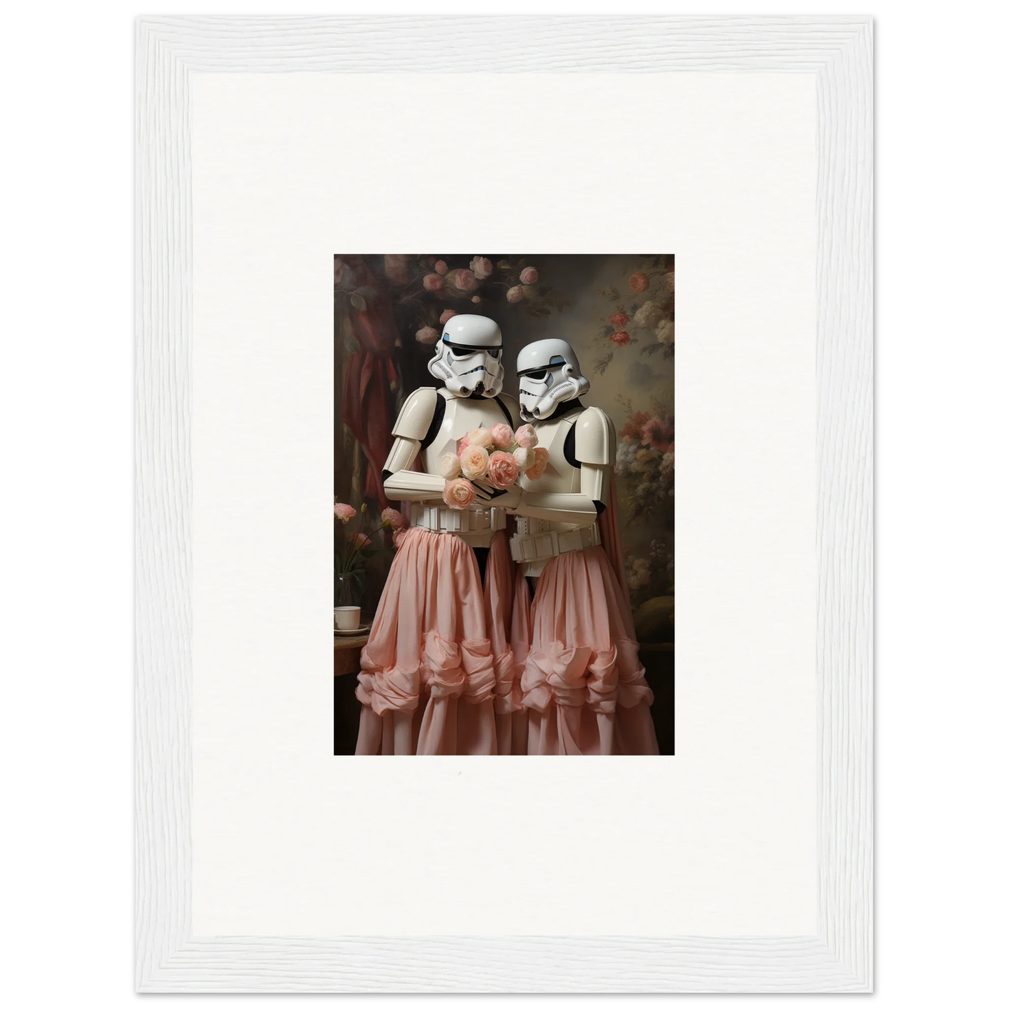 Framed artwork depicting two Stormtroopers wearing pink tulle dresses.