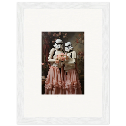 Framed artwork depicting two Stormtroopers wearing pink tulle dresses.