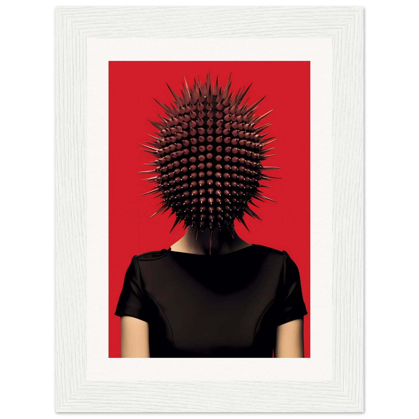 Spiky, spherical headpiece resembling a sea urchin worn on a person in a black shirt.