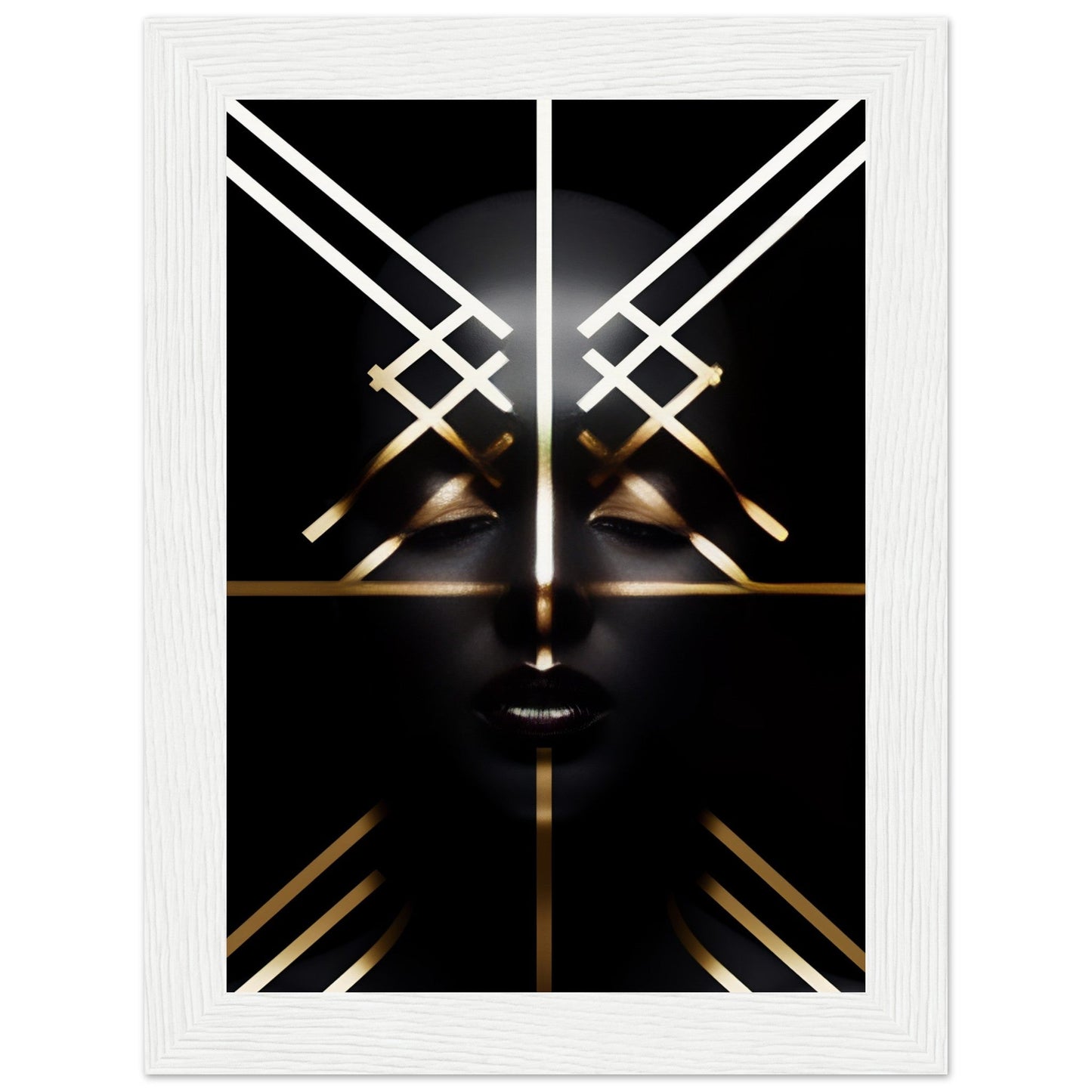 Abstract geometric face composed of white and gold lines on a black background.