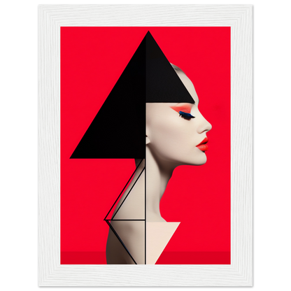 Profile portrait of a person with geometric shapes overlaid, set against a vibrant red background.