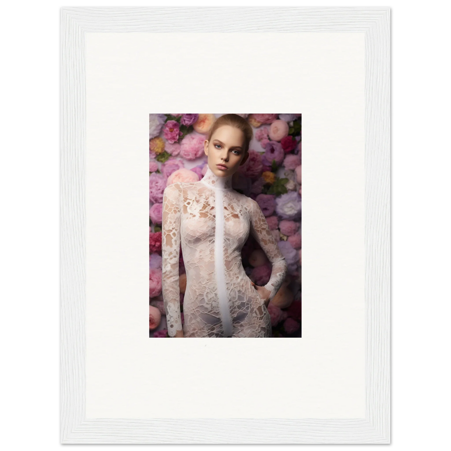 Framed portrait photograph of a woman in a lace dress surrounded by pink flowers.