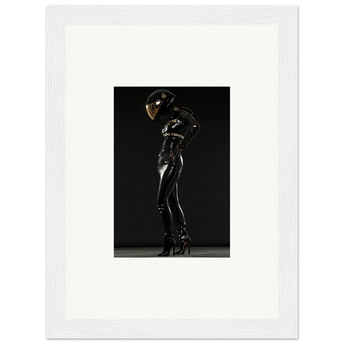 Sleek black latex or leather bodysuit with a reflective helmet, posed dramatically.