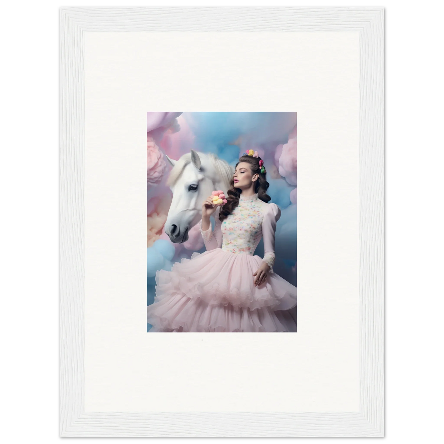 Framed photograph of a woman in a pink tulle gown posing with a white horse.