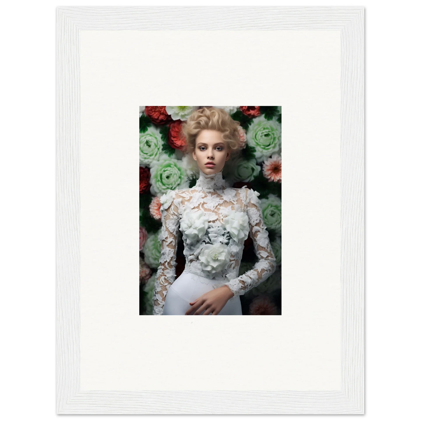 Framed portrait of a woman in an ornate white lace dress against a floral backdrop.