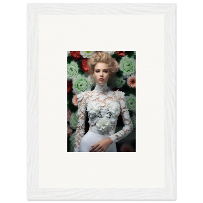 Framed portrait of a woman in an ornate white lace dress against a floral backdrop.