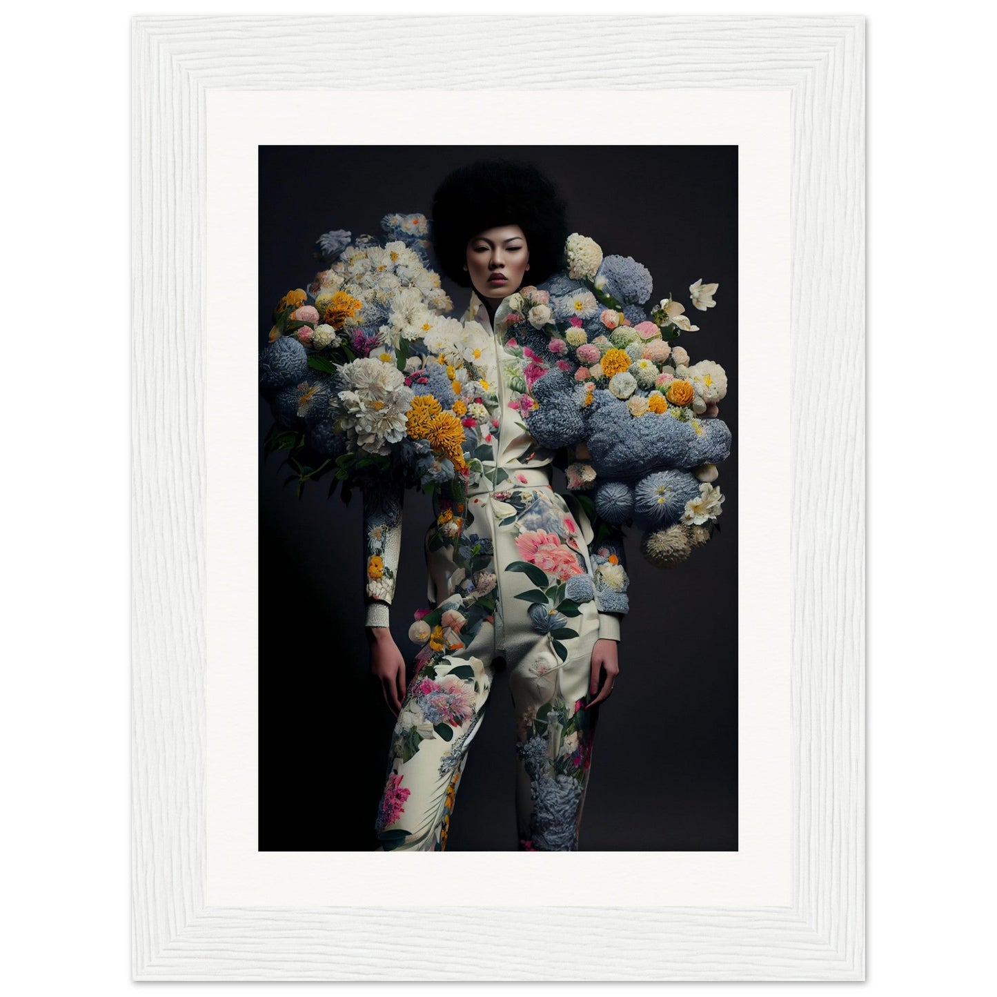 A person wearing an elaborate floral and cloud-like costume against a dark background.