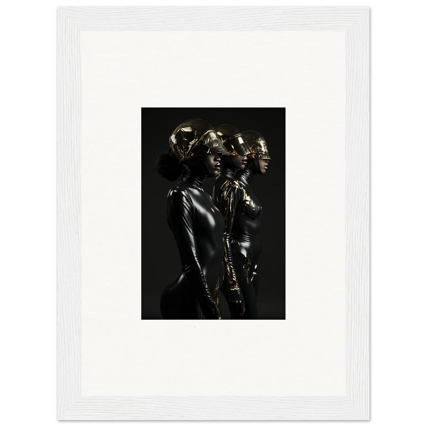 Metallic sculpture of three intertwined human figures with elongated forms.