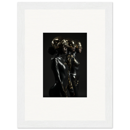 Metallic sculpture of three intertwined human figures with elongated forms.