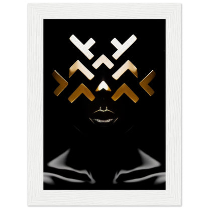 Abstract geometric design featuring white and gold chevron shapes above stylized silver lips on a black background.