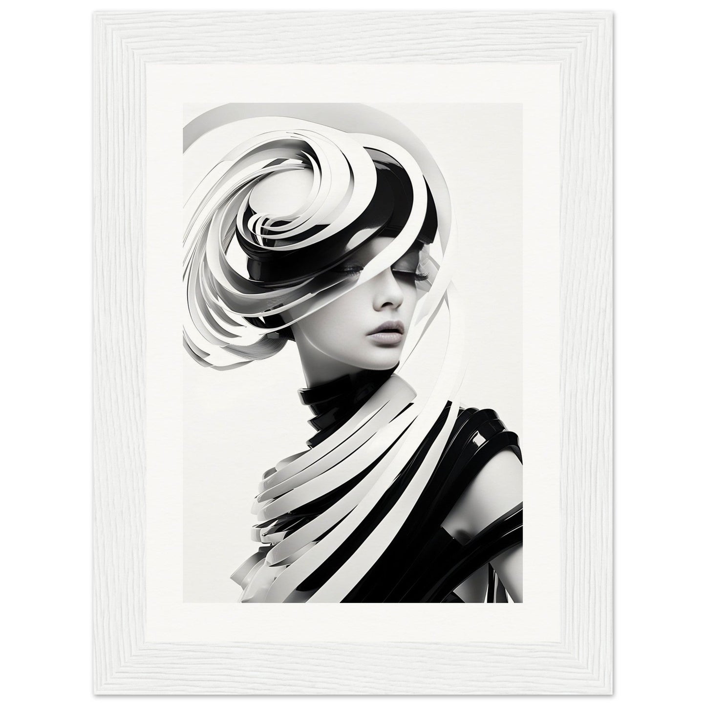 Black and white portrait photograph of a person wearing an avant-garde sculptural hat and draped fabric.