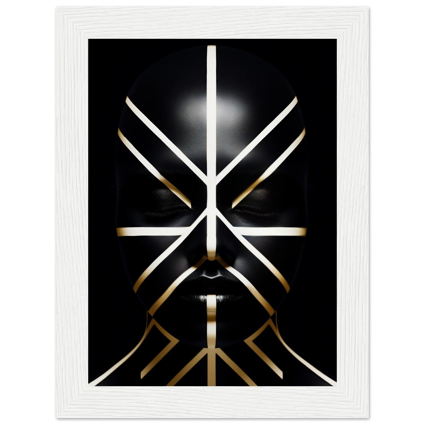 Abstract geometric design resembling a stylized face composed of intersecting white and gold lines on a black background.