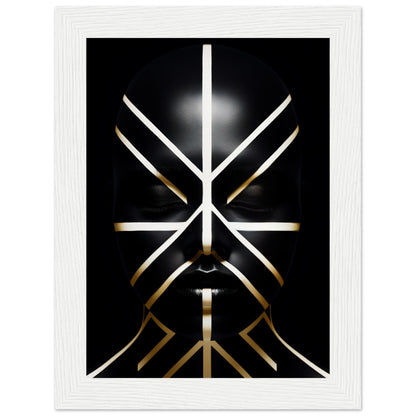 Abstract geometric design resembling a stylized face composed of intersecting white and gold lines on a black background.