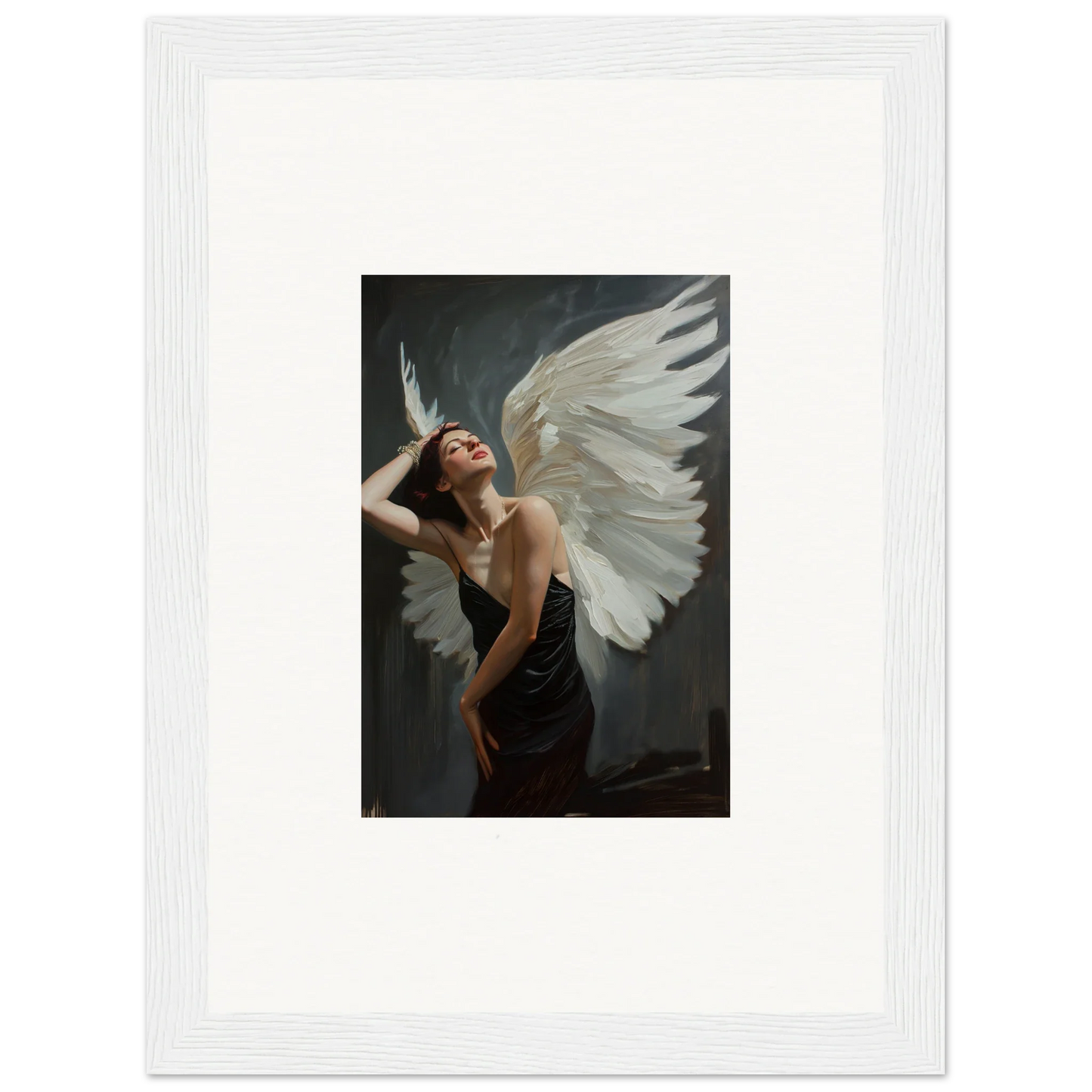 Framed canvas print of a figure with a white wing, perfect for femme ascent room decoration