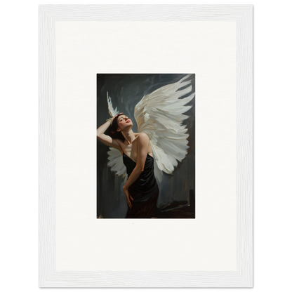 Framed canvas print of a figure with a white wing, perfect for femme ascent room decoration