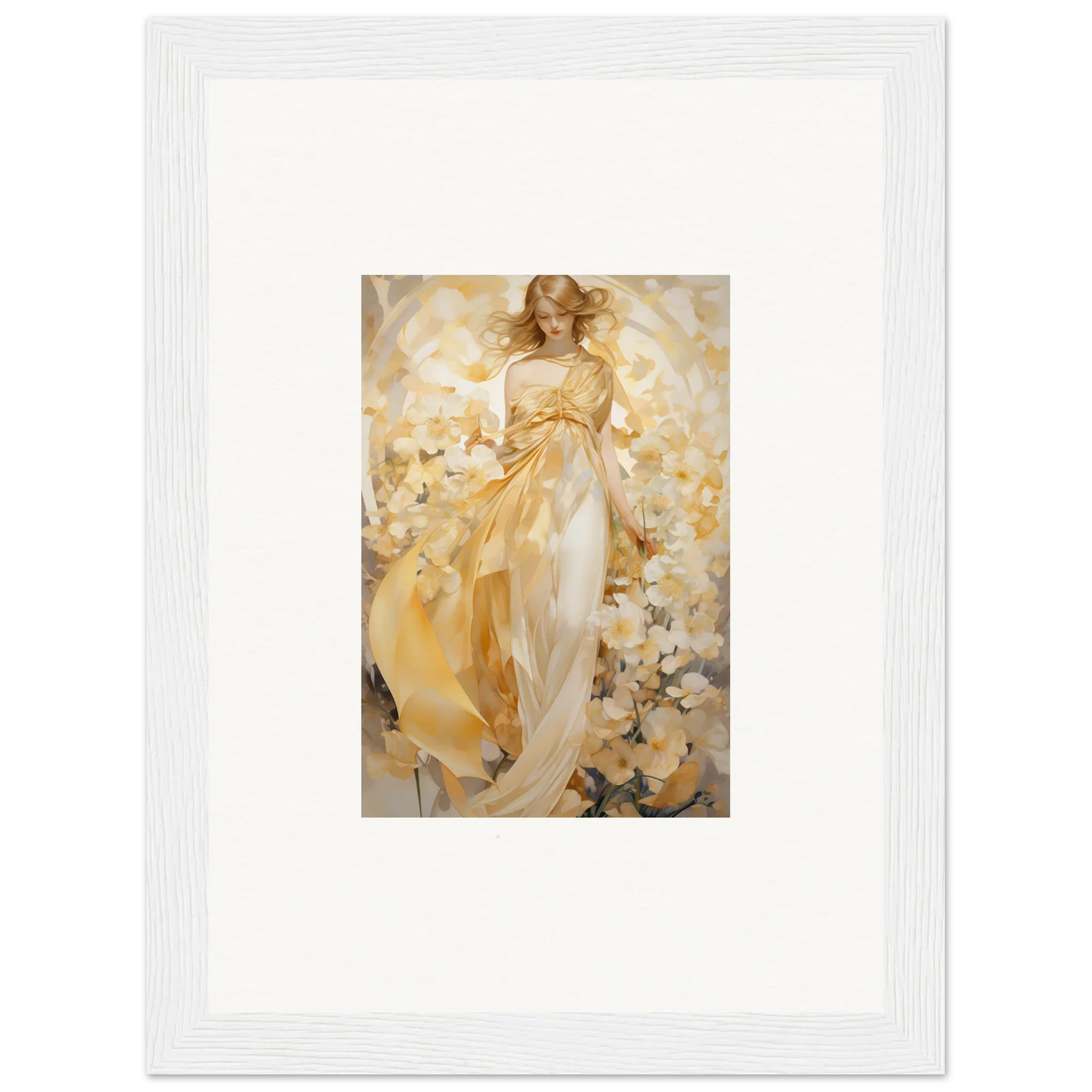 Ethereal Tango canvas print of a woman in a golden dress and flowers for room decoration