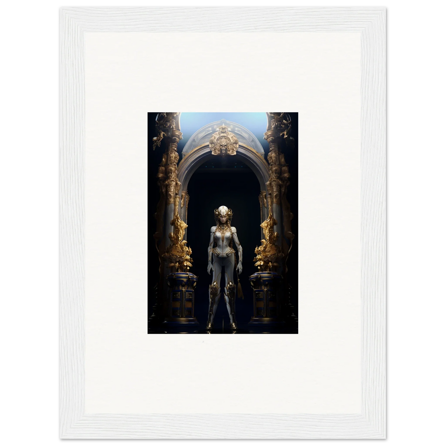 Framed canvas print of a metallic humanoid in an ornate archway, perfect room decoration