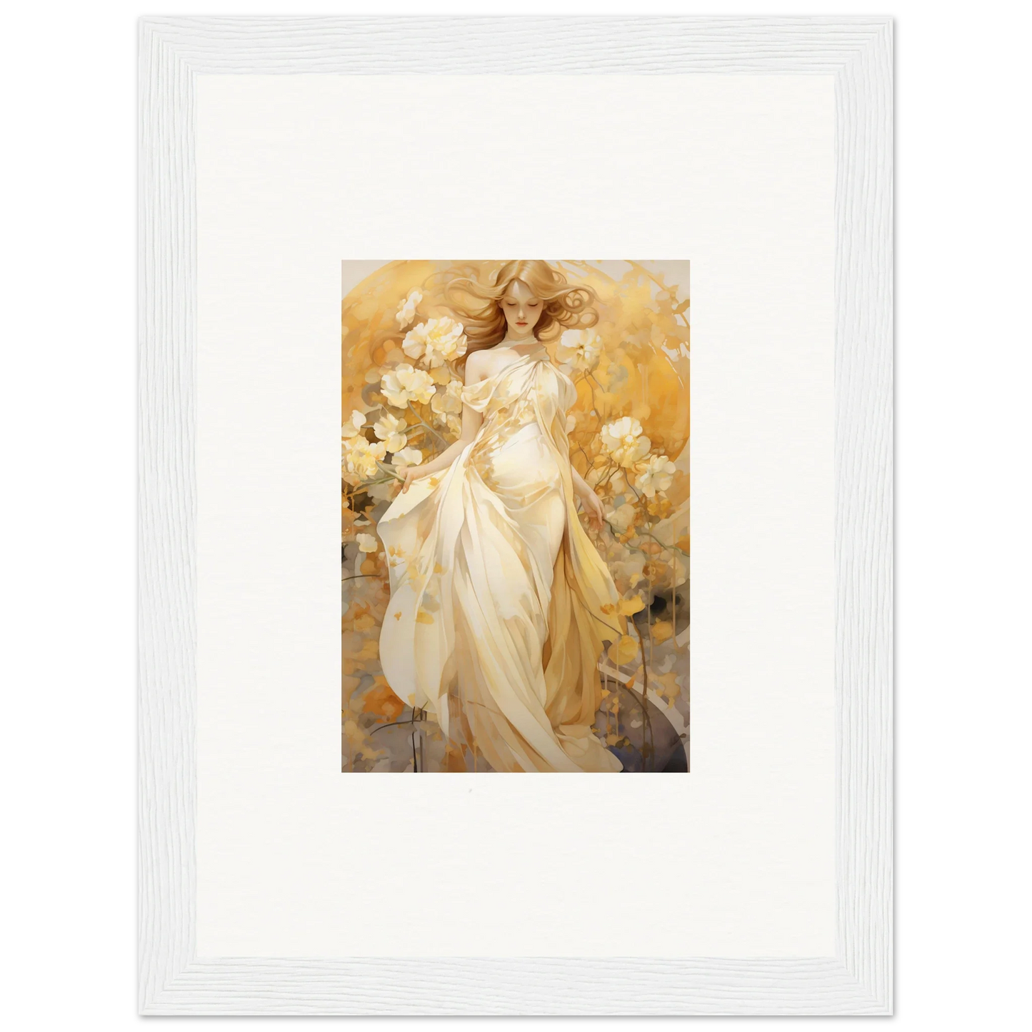 Ethereal canvas print of a woman in flowing white dress for your silk dream room decoration