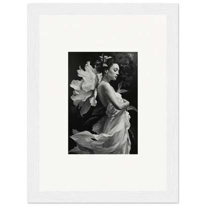 Black and white photo of a woman in a flowing dress, perfect for a duet chrysalis canvas print