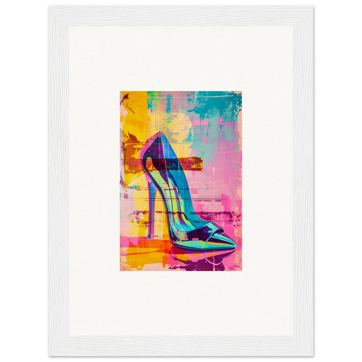 Vibrant pop art stiletto shoe for Noir Reverie room decor and framed wall art