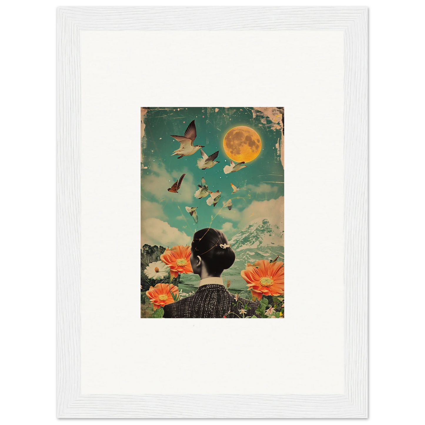 Framed canvas print of Lunar Bloom Reverie with woman, butterflies, and moonlit sky