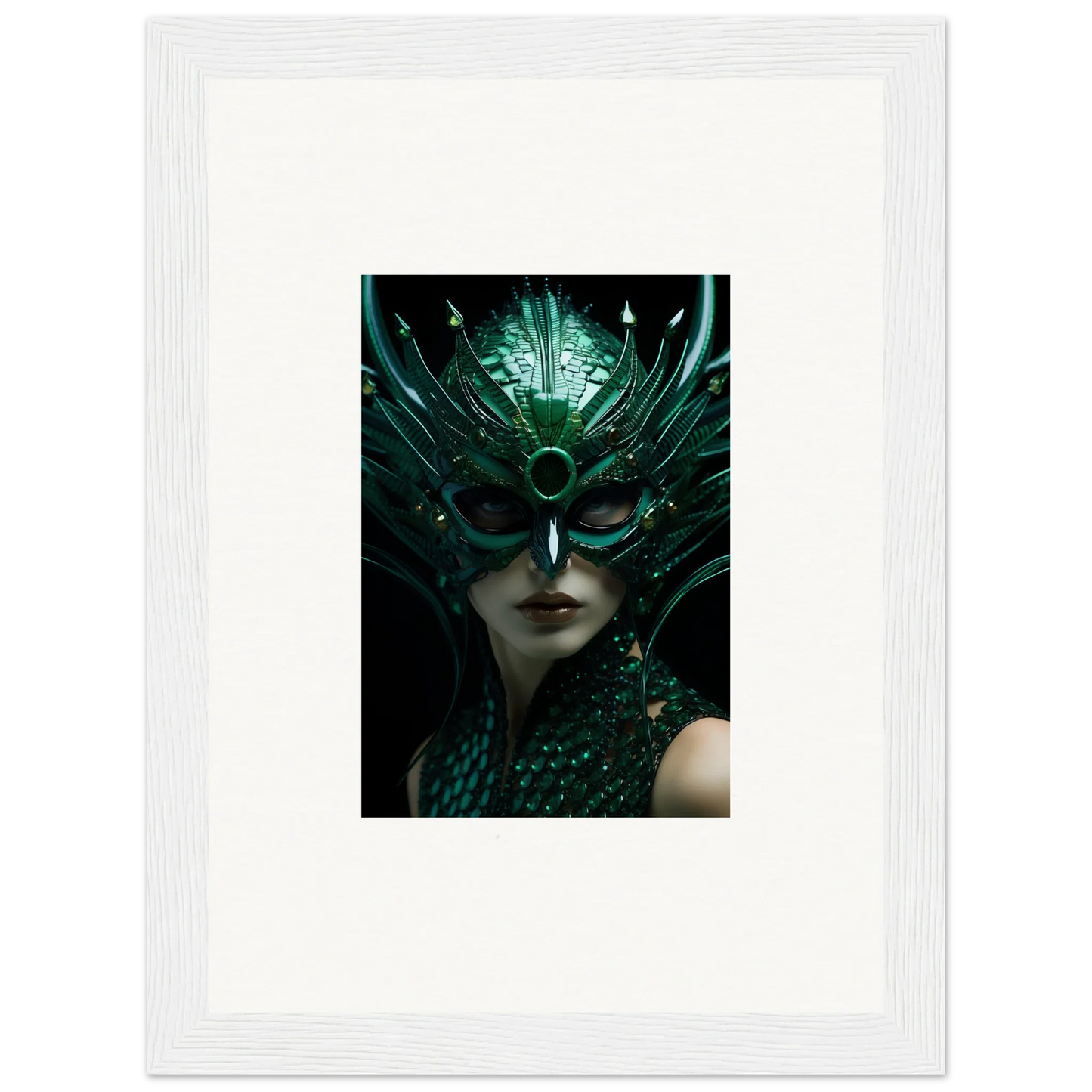 Ornate green mask with feathers for a unique room decoration and Canvas Print vibes