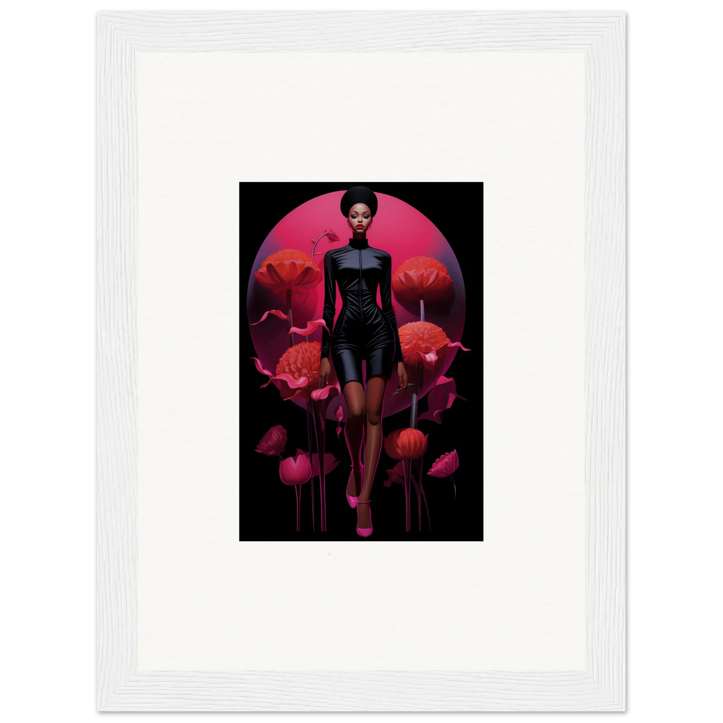 Framed Tribal Reverie canvas print of a figure among big red flowers for room decoration