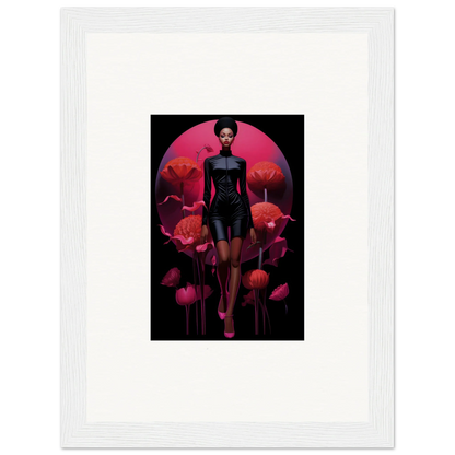 Framed Tribal Reverie canvas print of a figure among big red flowers for room decoration