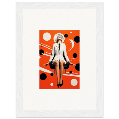 Stylized female figure in white suit on orange polka-dot background for room decoration