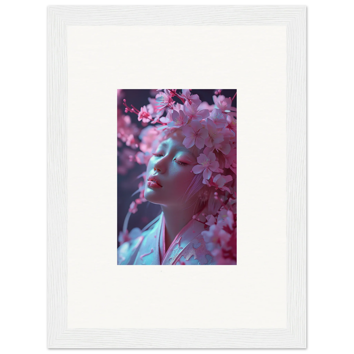 Framed canvas print of a person in pink cherry blossoms for dreamy room decoration