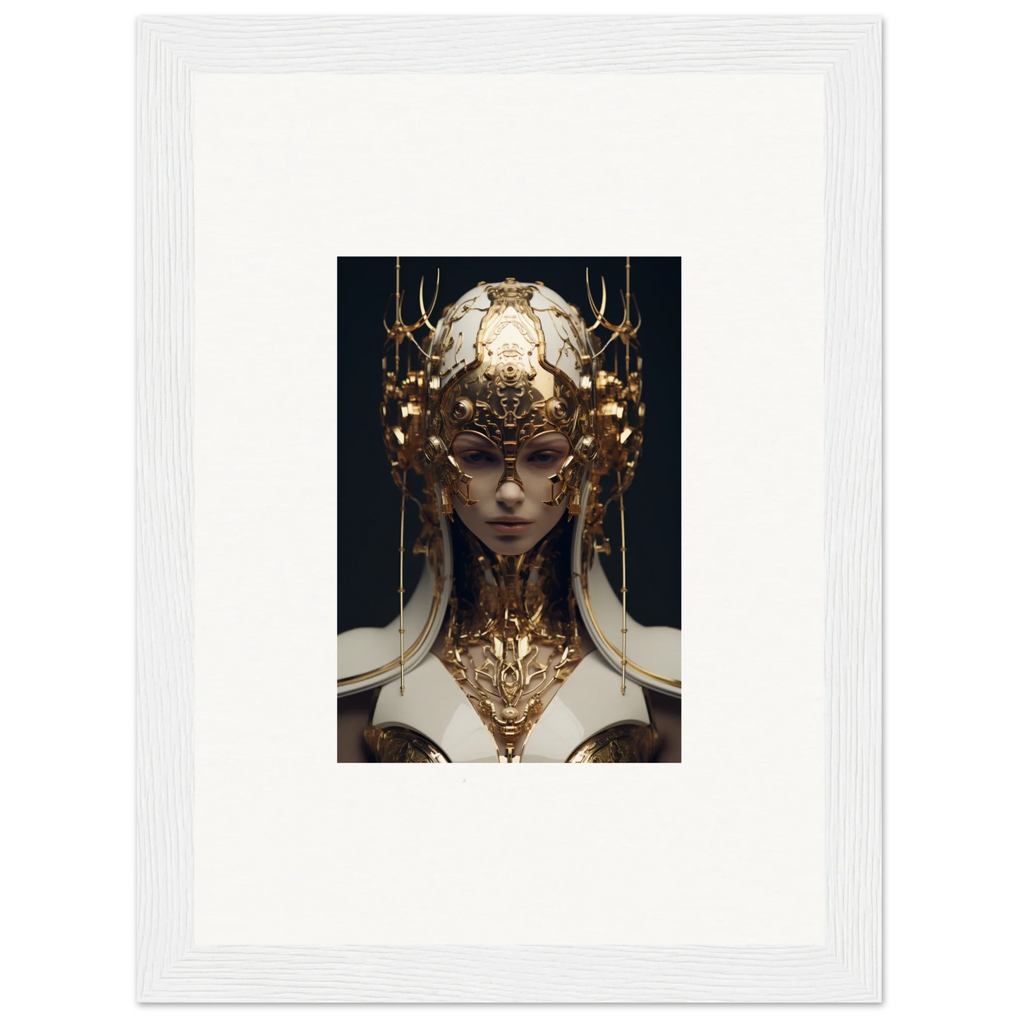 Ornate golden headdress and neck piece on figure, perfect for Ethereal Sovereign room decoration