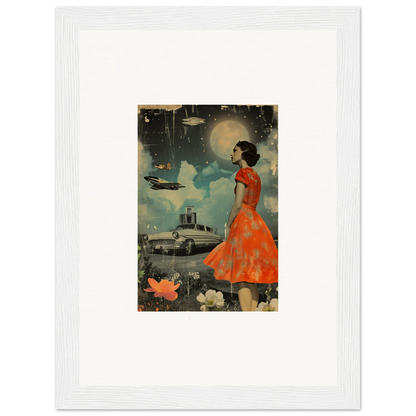 Vintage illustration of woman in orange dress with flying saucers for veil tales room decoration