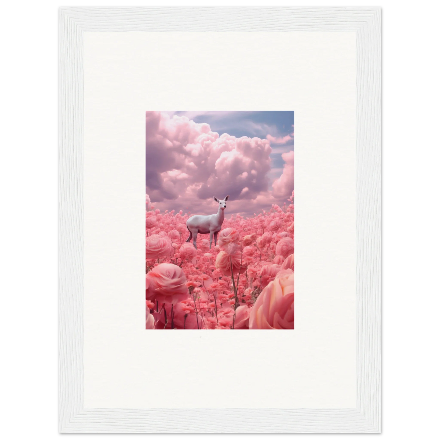 Deer in pink foliage under clouds, perfect for wall art and room decoration