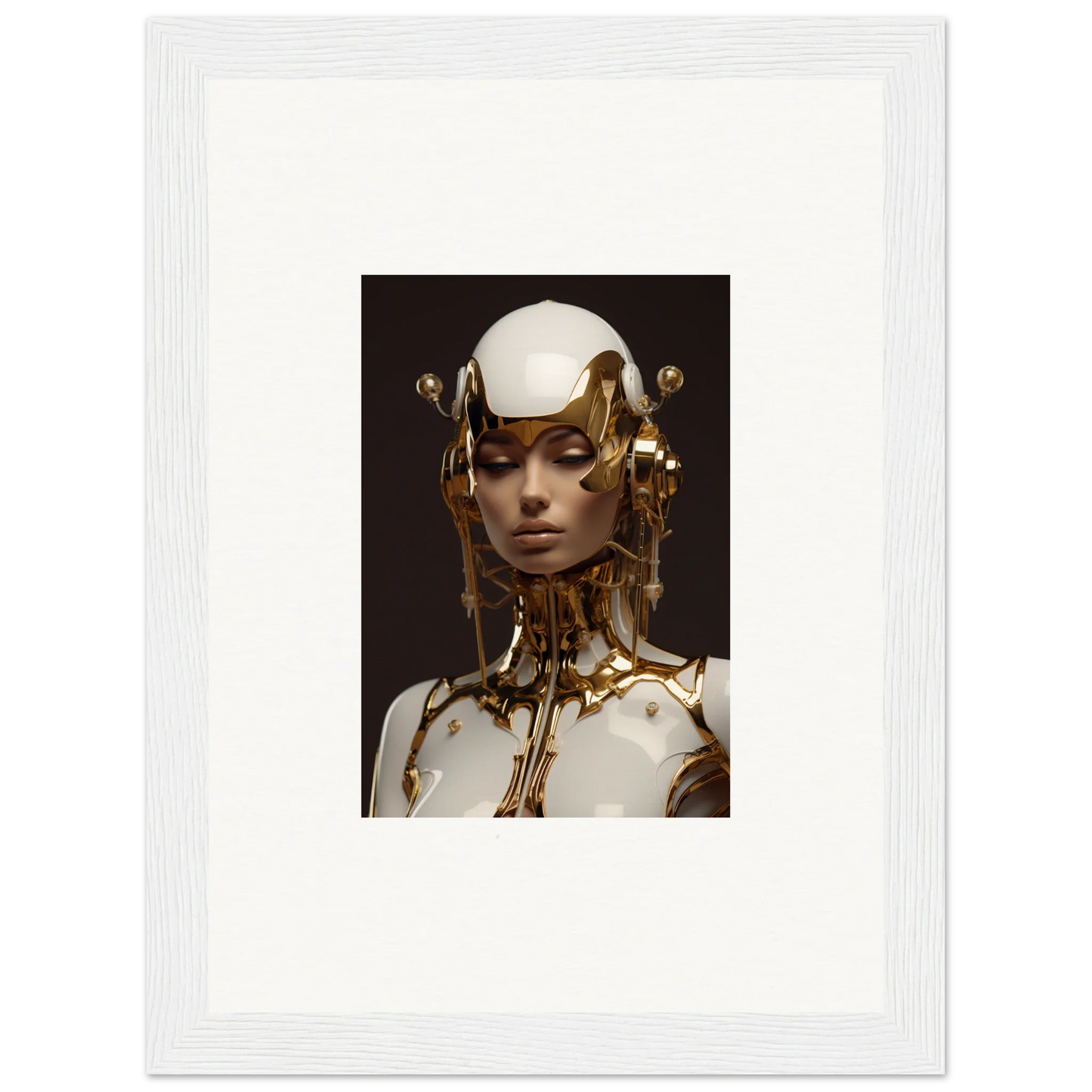 Futuristic portrait with golden robotic elements for unique wall art and room decoration