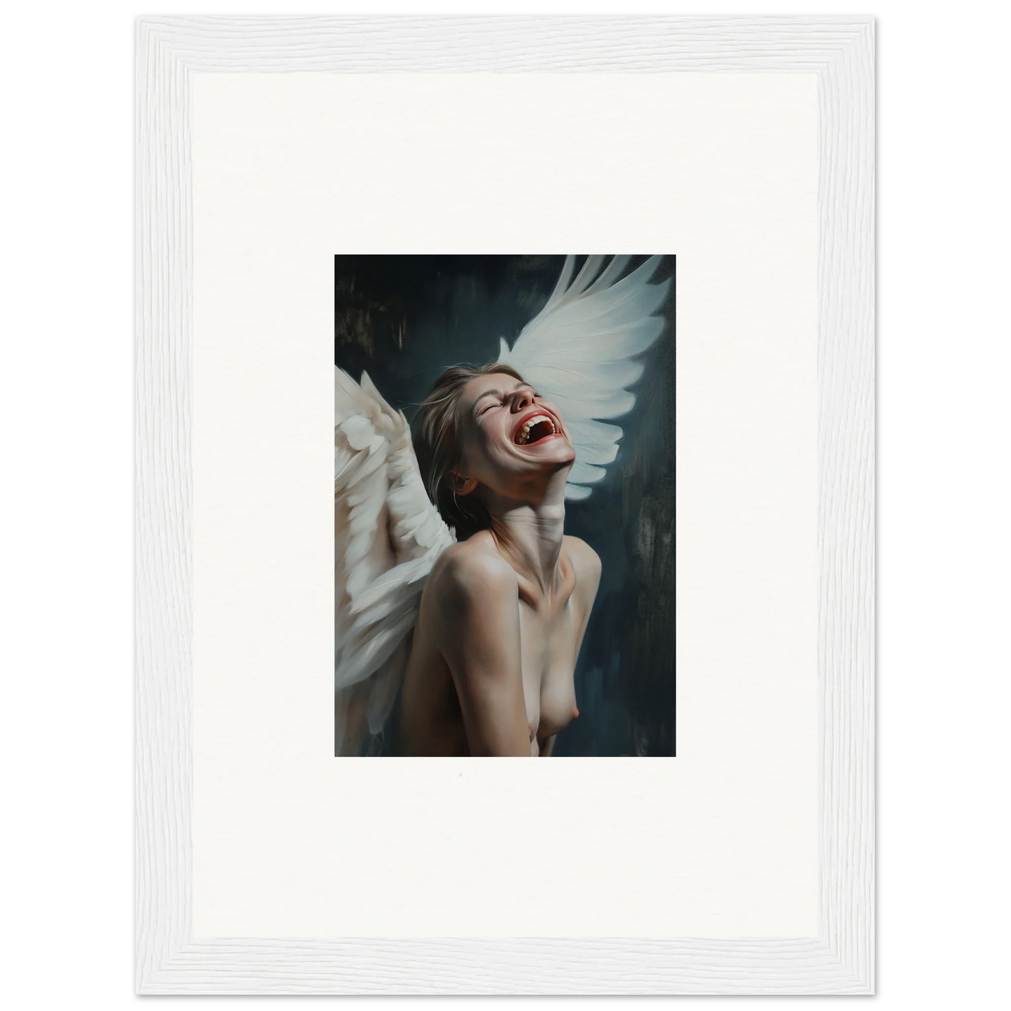 Framed canvas print of a person with white wings laughing for unique room decoration