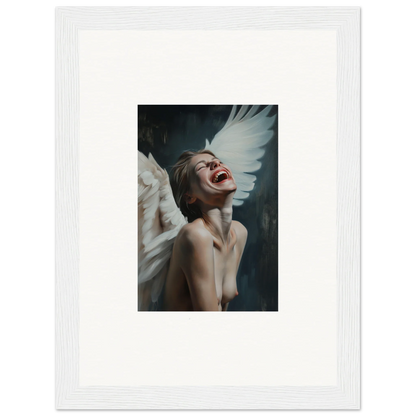 Framed canvas print of a person with white wings laughing for unique room decoration